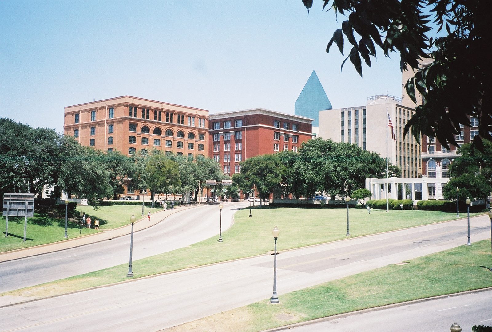 Elm Street curving through the lawns of Dealey Plaza, with the Texas School Book Depository behind the trees