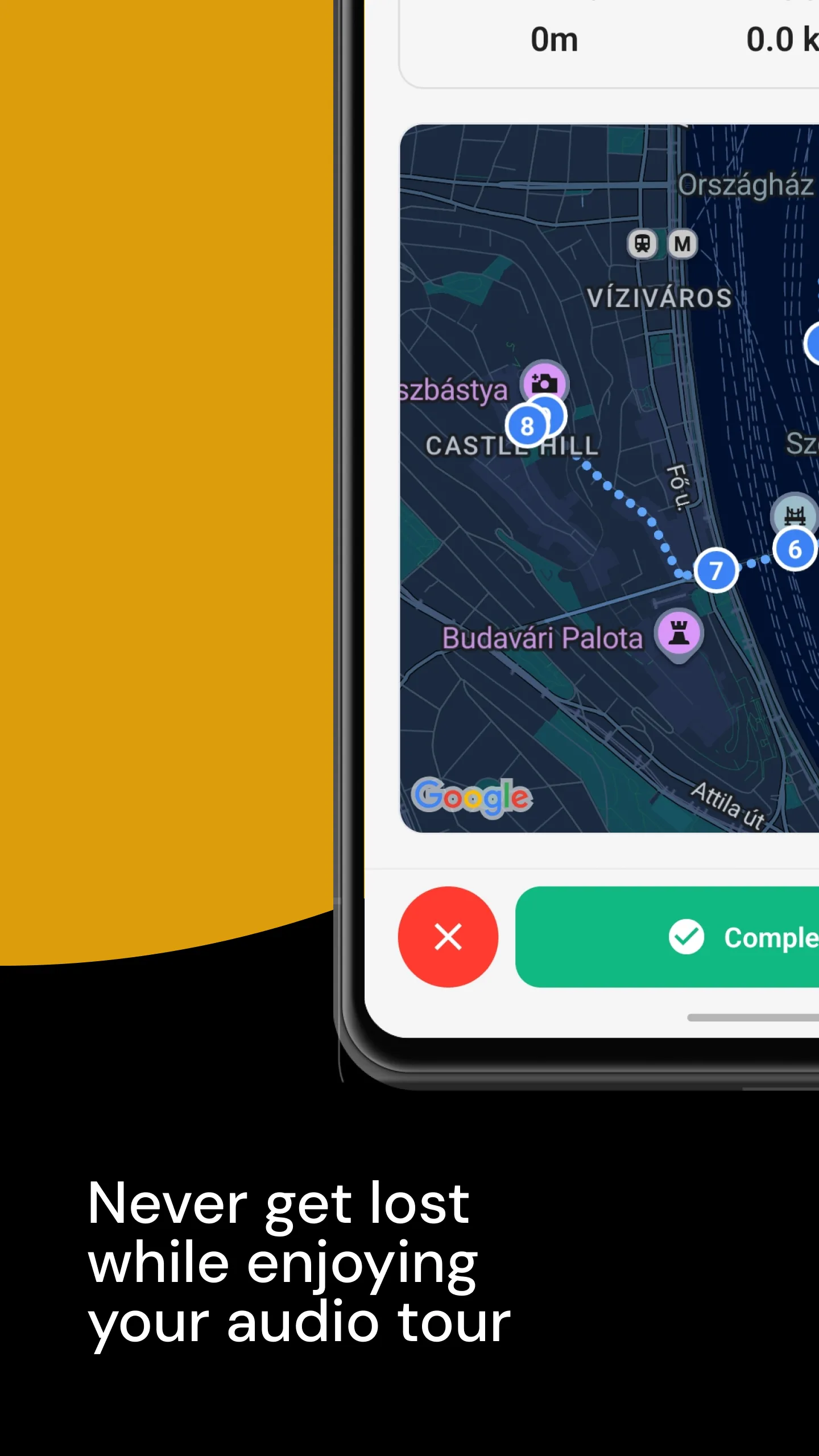 A live map guiding you between stops on an audio walking tour