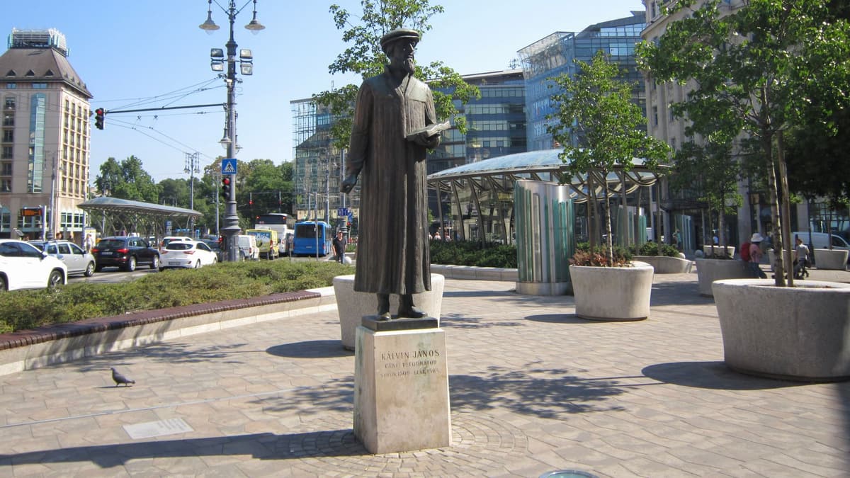 Kálvin tér and the statue of John Calvin, Budapest