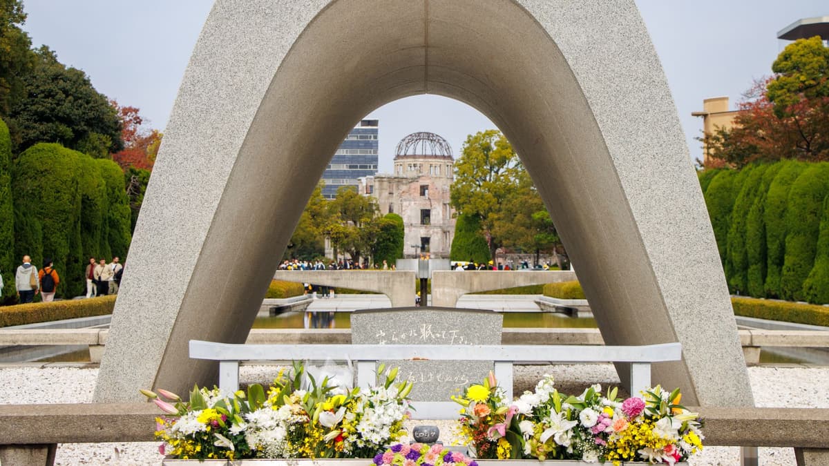 The Cenotaph framing the Atomic Bomb Dome, Hiroshima Peace Memorial Park