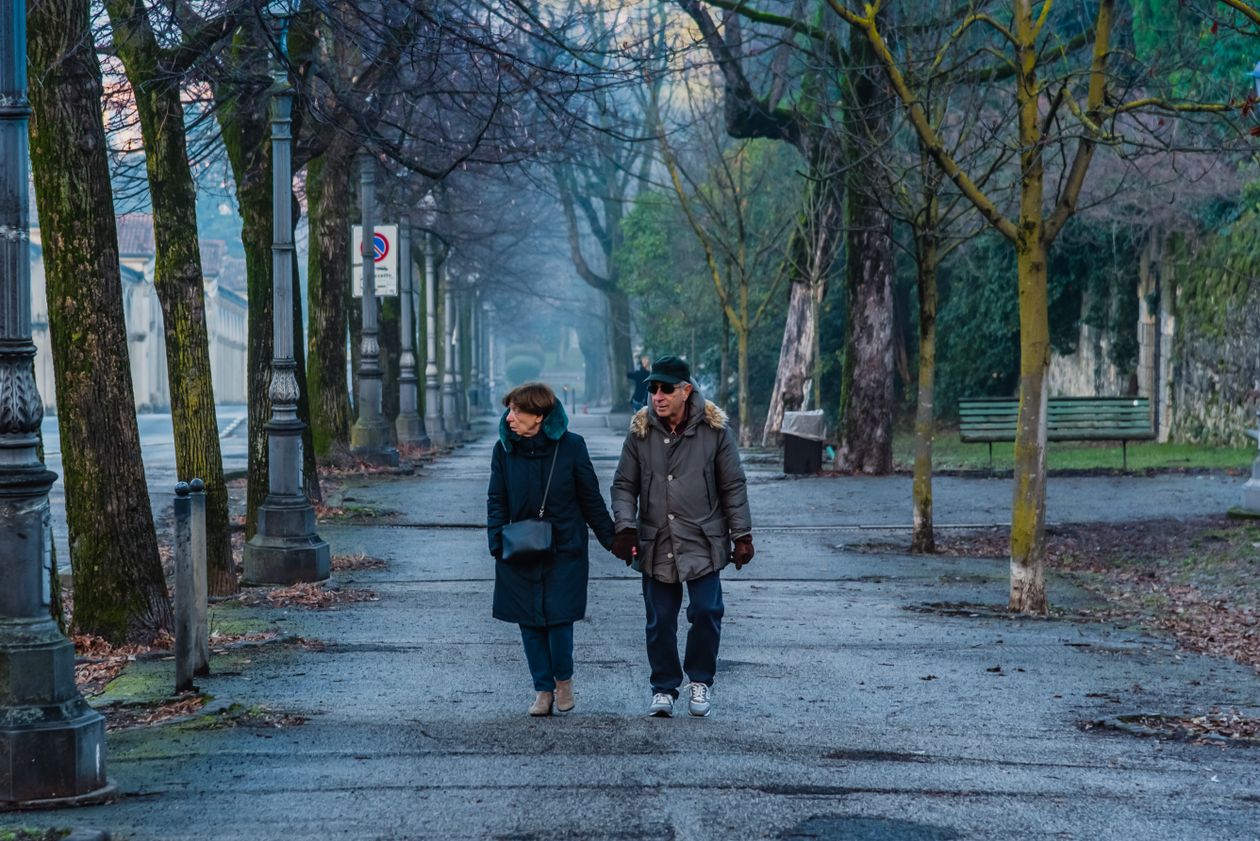 An older couple walking hand in hand along a tree-lined avenue