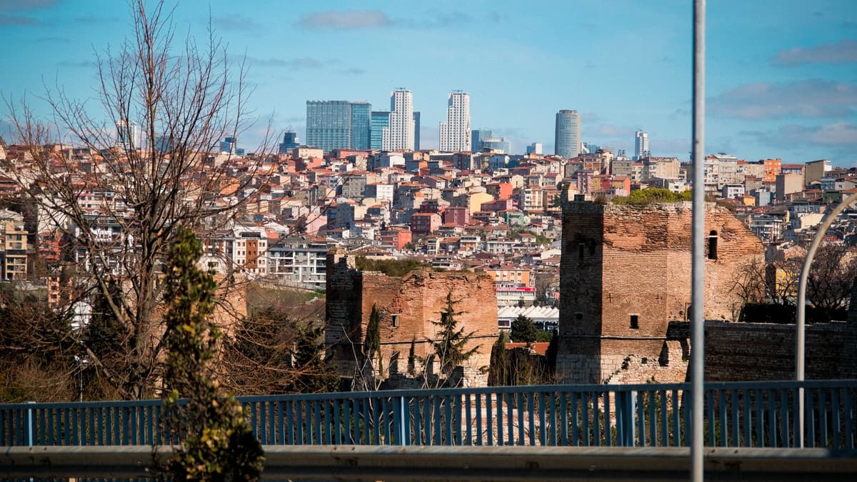 The Theodosian land walls with the modern city beyond, Istanbul