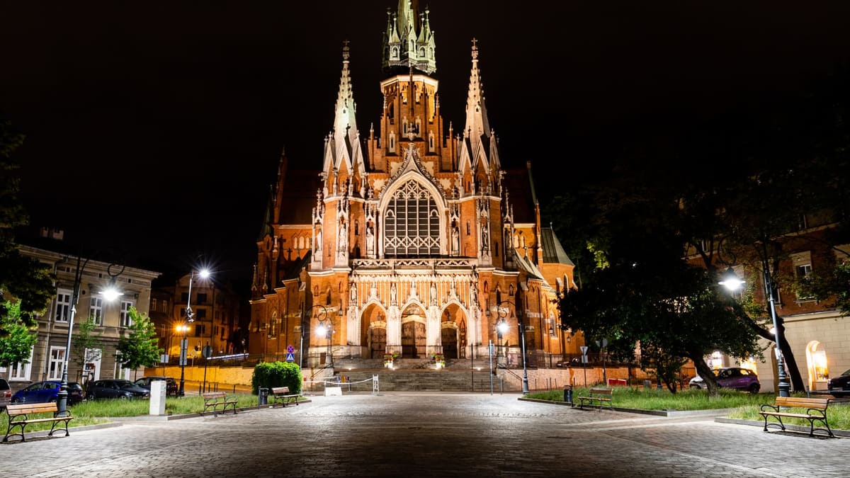 St Joseph's Church on Rynek Podgórski, Kraków, at night