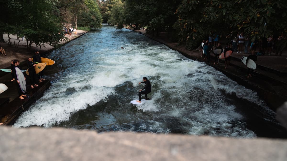 River surfers on the Eisbach wave, Munich