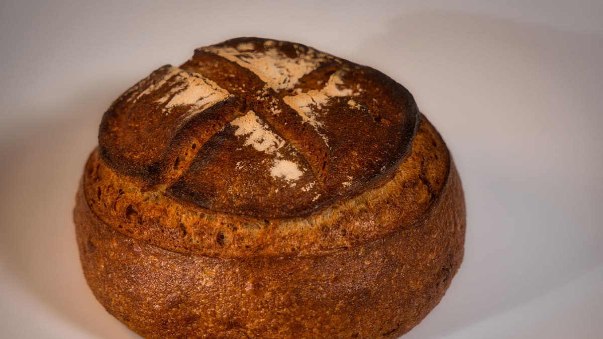 Round sourdough loaf with a scored crust