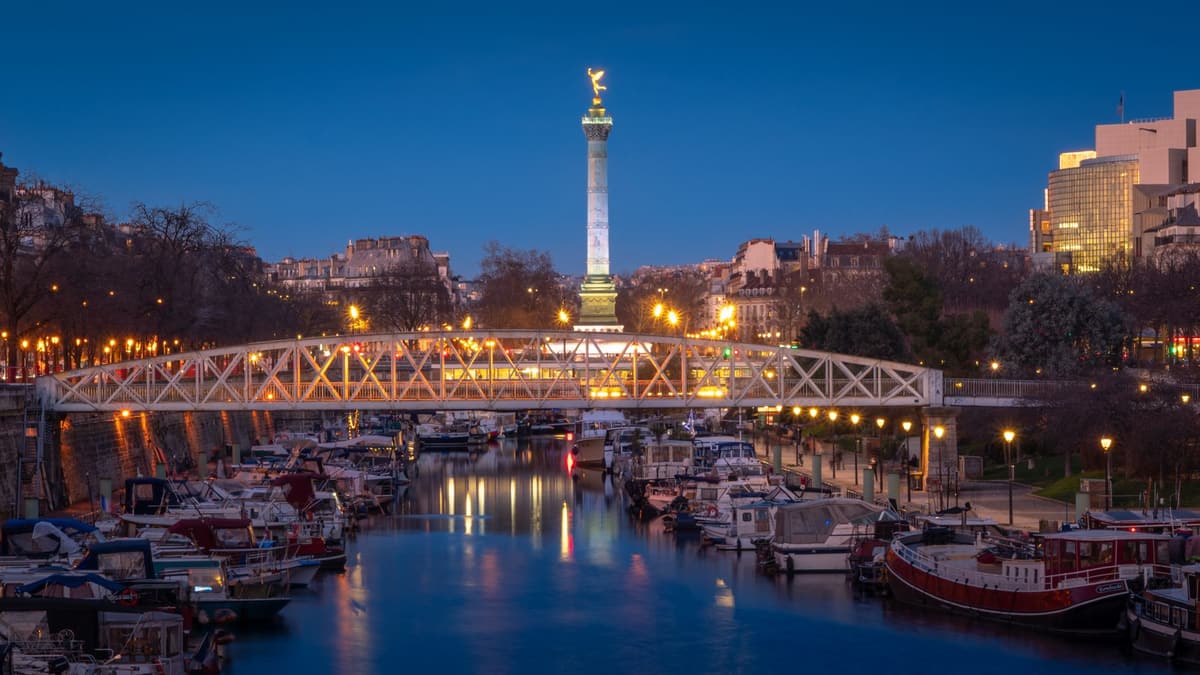 The July Column above the Port de l'Arsenal at dusk, Place de la Bastille, Paris