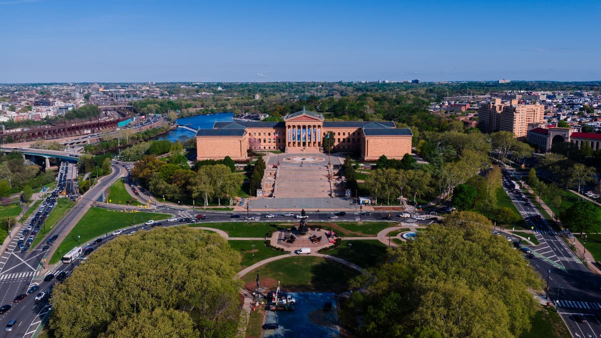 The Philadelphia Museum of Art, its steps and Eakins Oval from above, Philadelphia