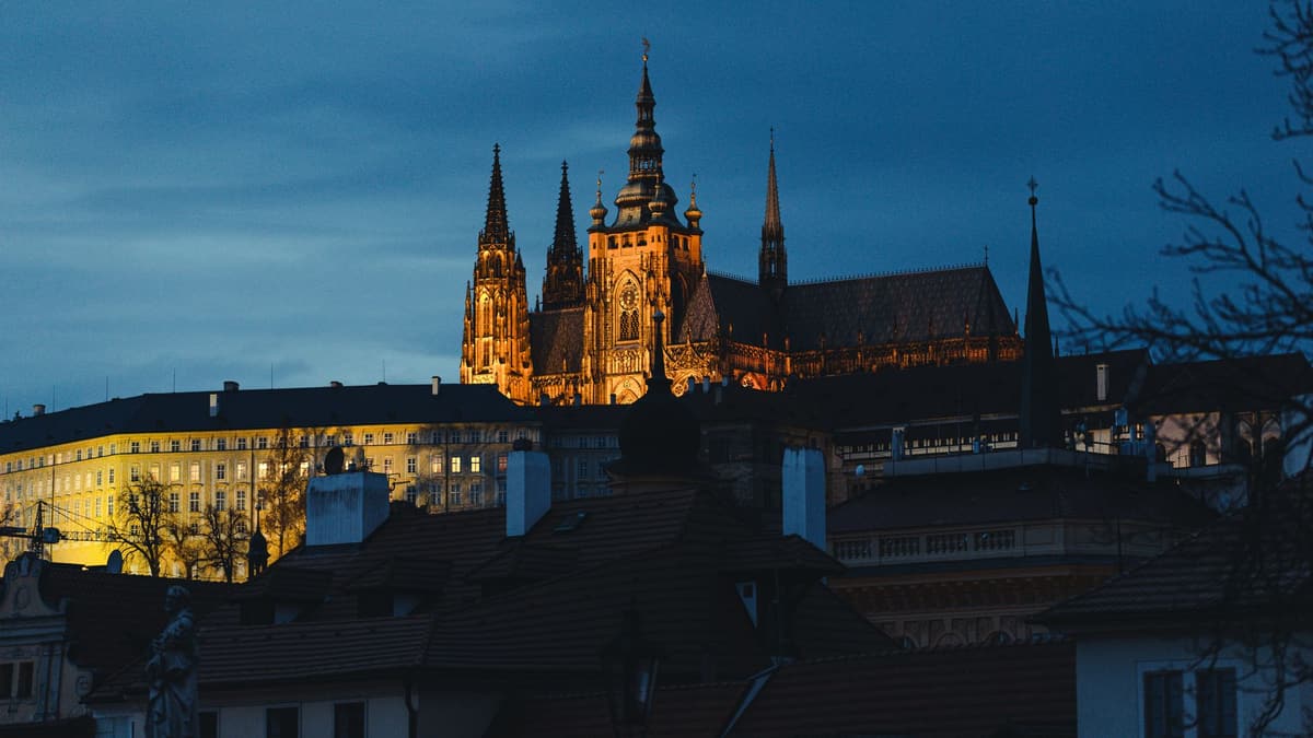 Prague Castle lit up in the evening