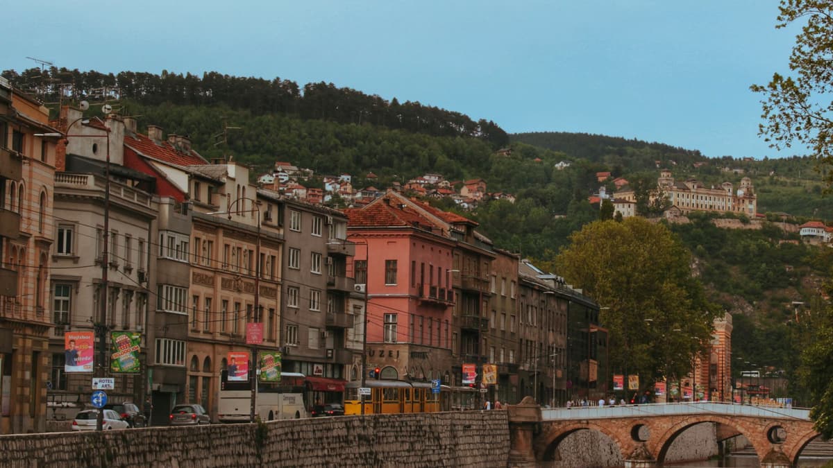 The Miljacka and the riverside quay, Obala Kulina bana, in Sarajevo