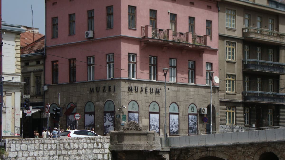 The Latin Bridge and the corner museum building where Princip fired, Sarajevo