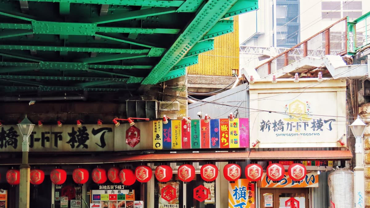 Bars and lanterns under the railway tracks in Tokyo