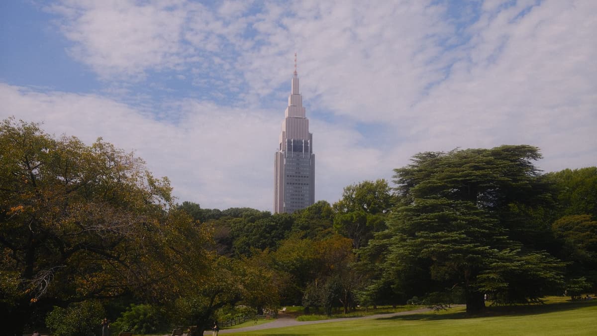 Shinjuku Gyoen with the NTT Docomo Yoyogi Building, Tokyo