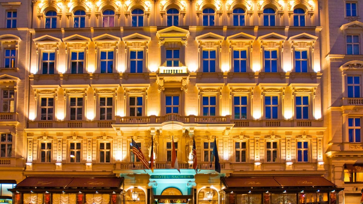 Hotel Sacher lit up at night, Vienna