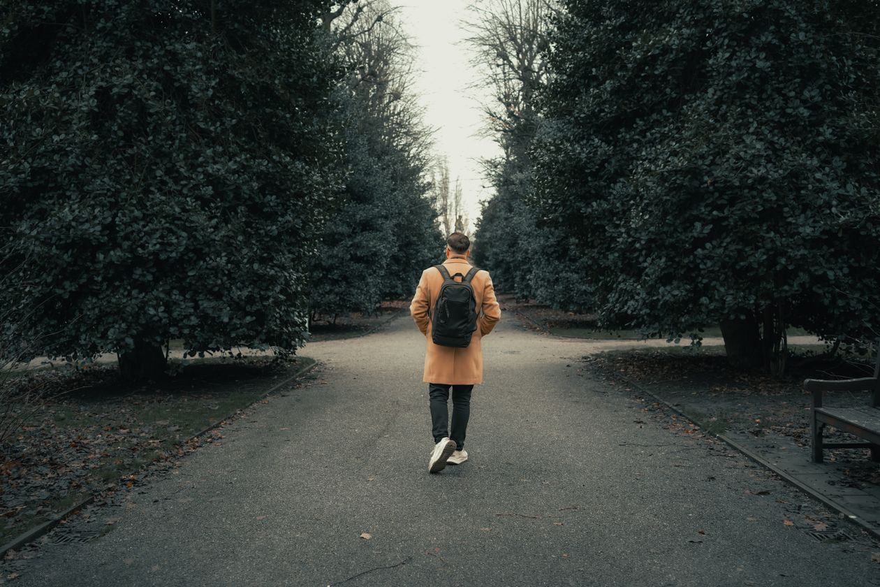 A man walking alone down a quiet tree-lined avenue