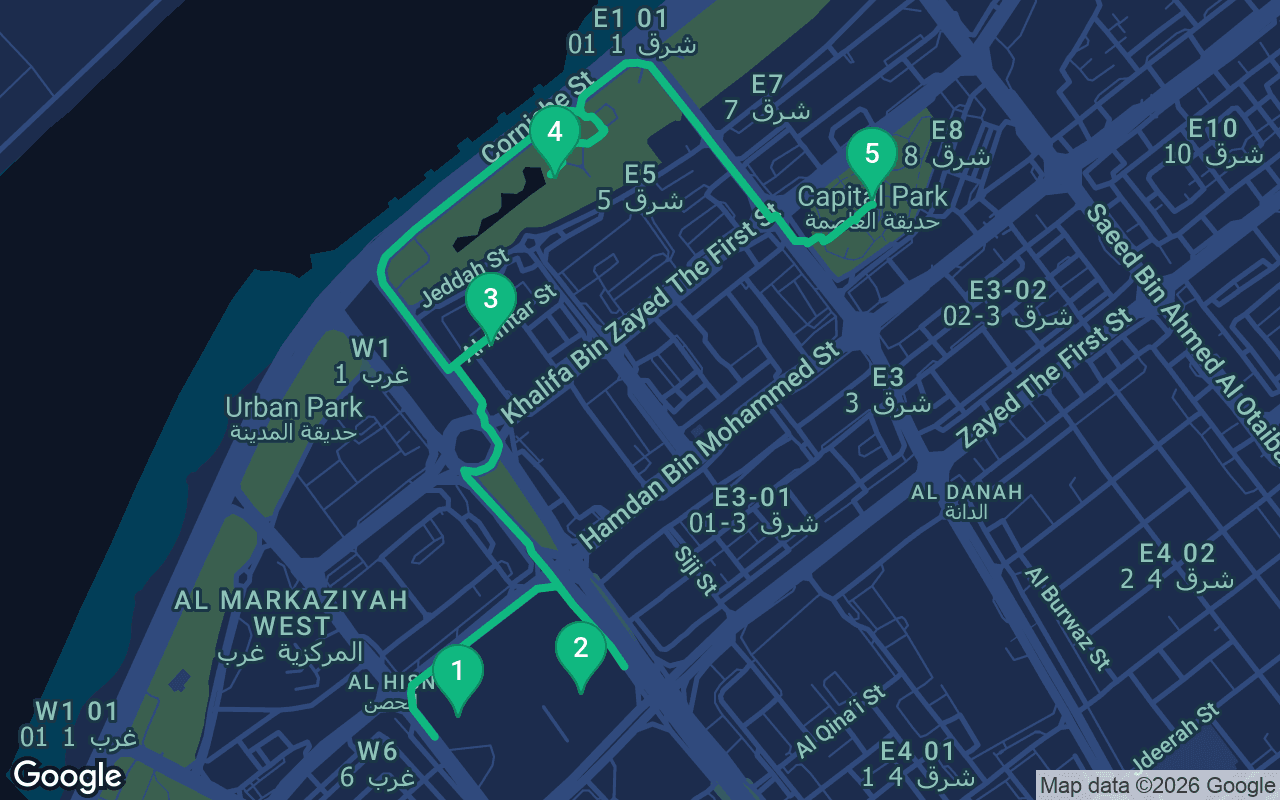 Map of the walking route through Abu Dhabi, United Arab Emirates