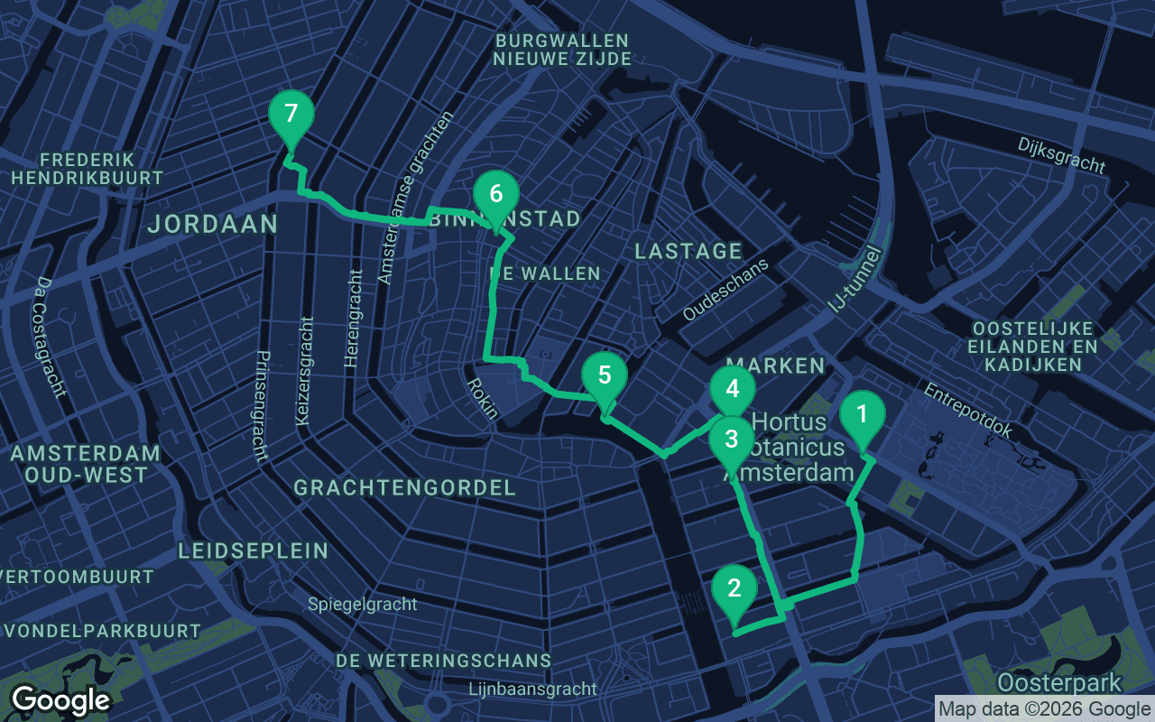 Map of the walking route through Amsterdam, Netherlands