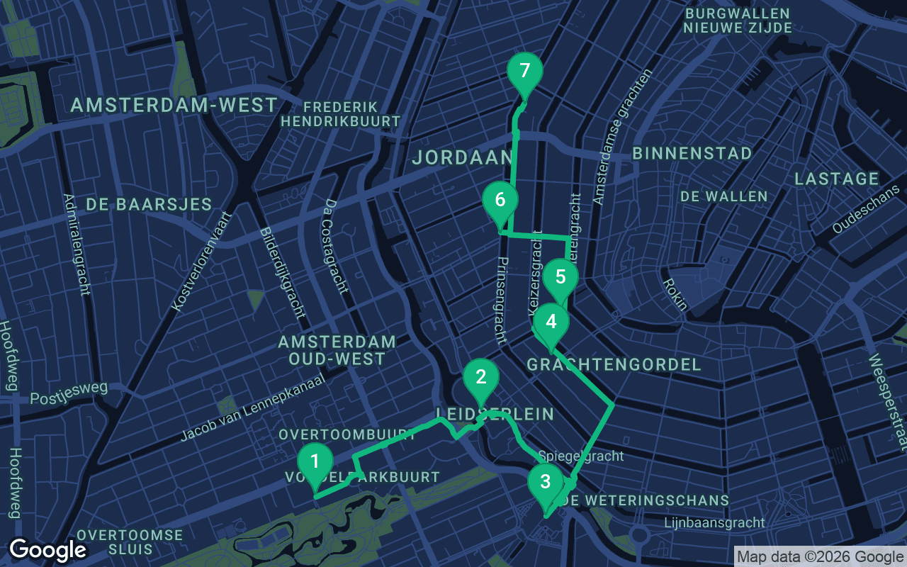 Map of the walking route through Amsterdam, Netherlands