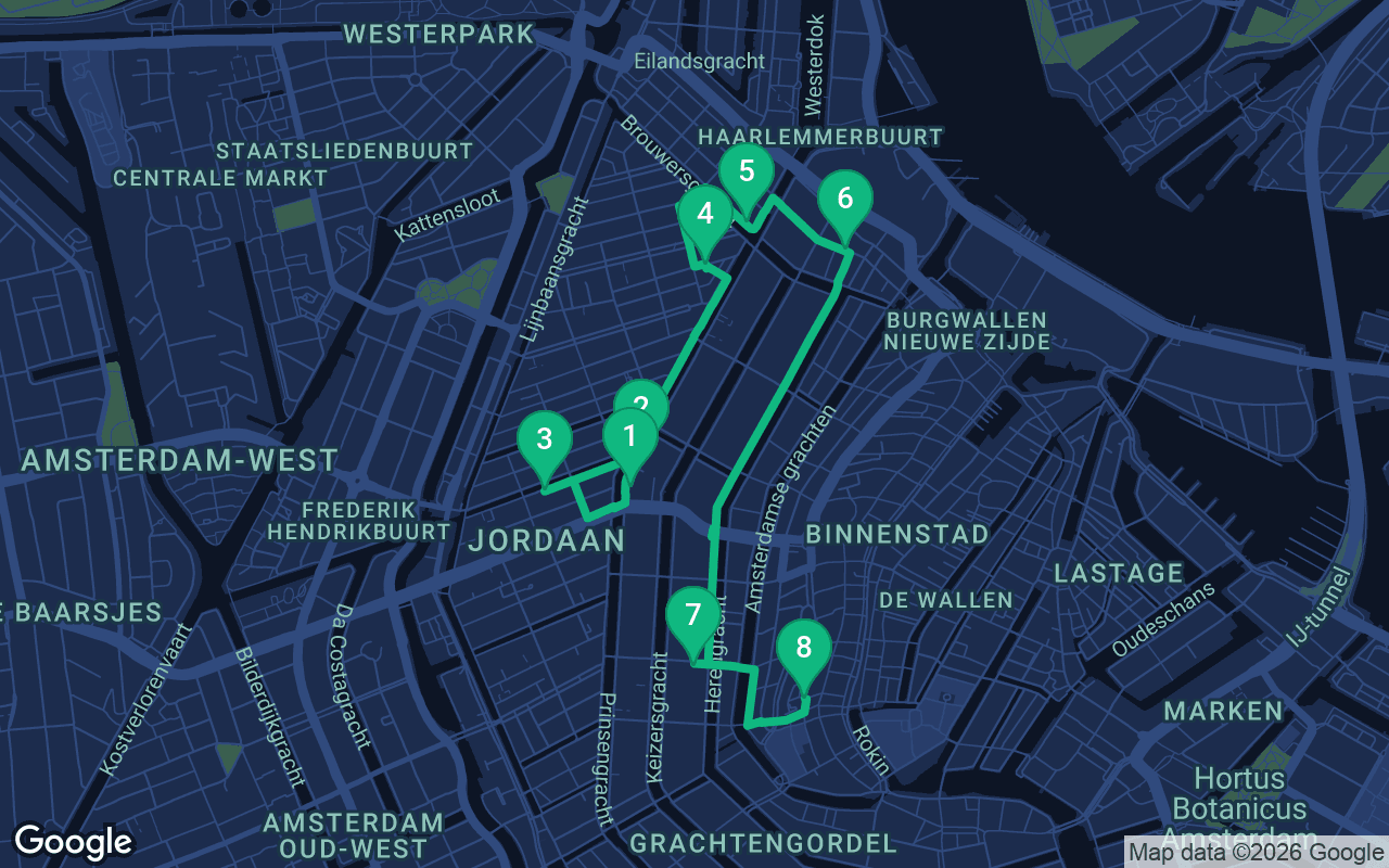 Map of the walking route through Amsterdam, Netherlands