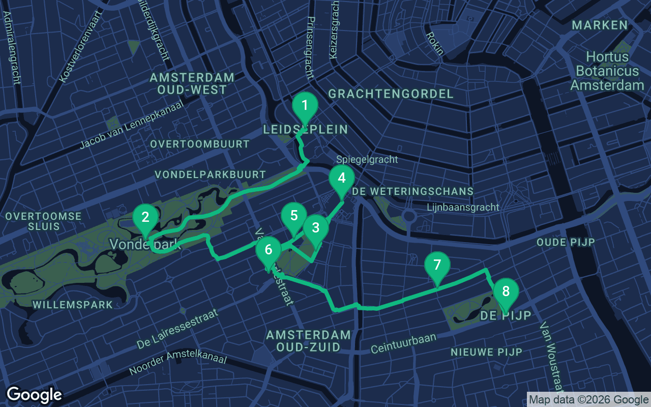 Map of the walking route through Amsterdam, Netherlands