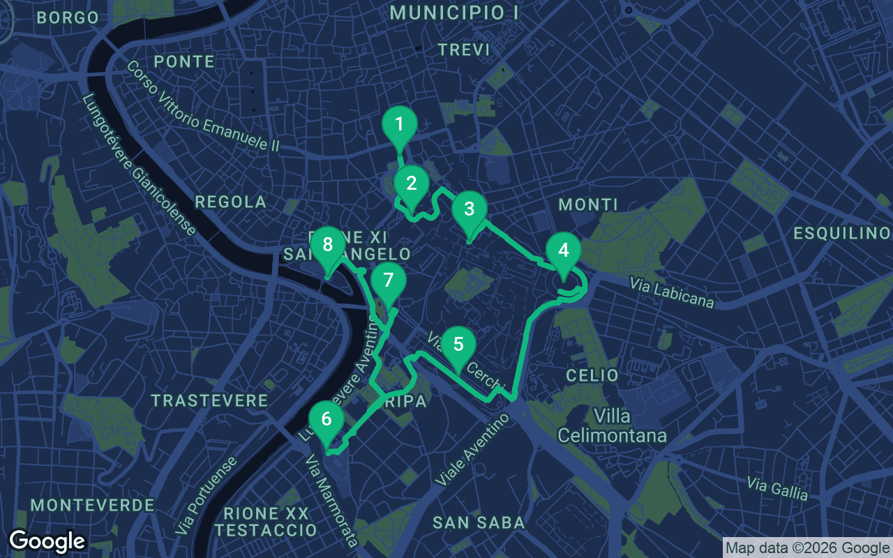Map of the walking route through Rome, Italy