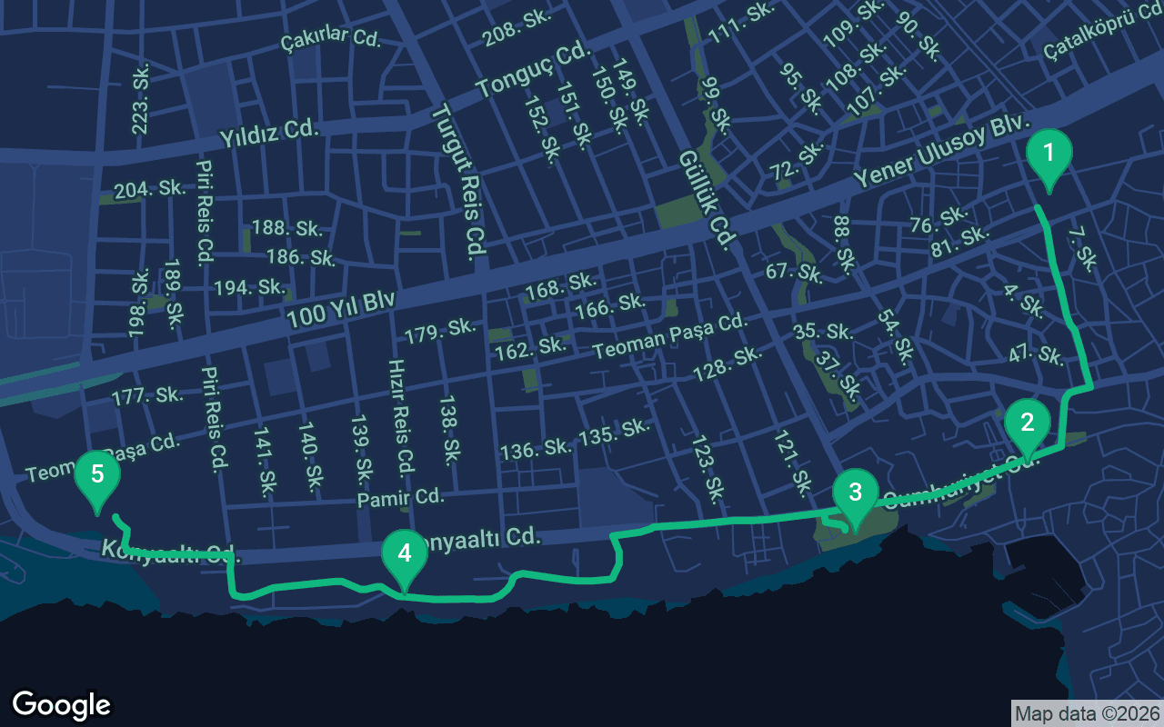 Map of the walking route through Antalya, Türkiye