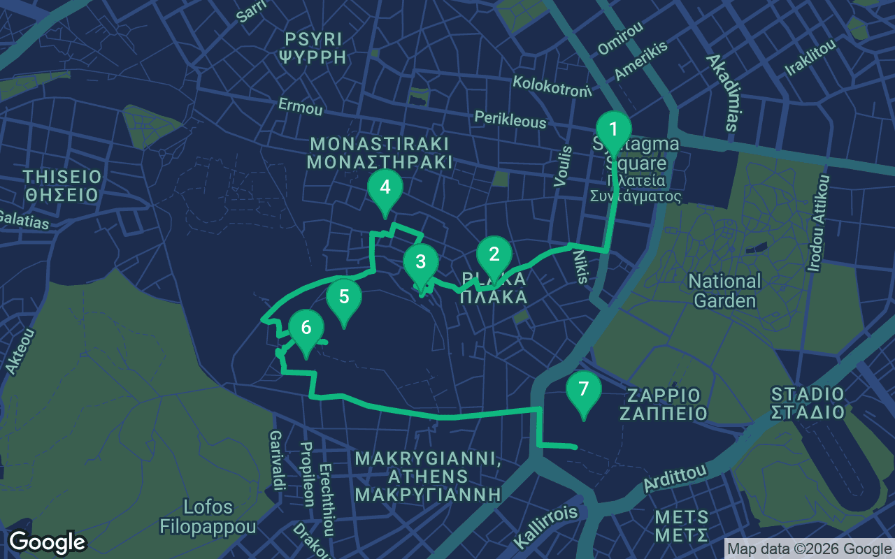 Map of the walking route through Athens, Greece