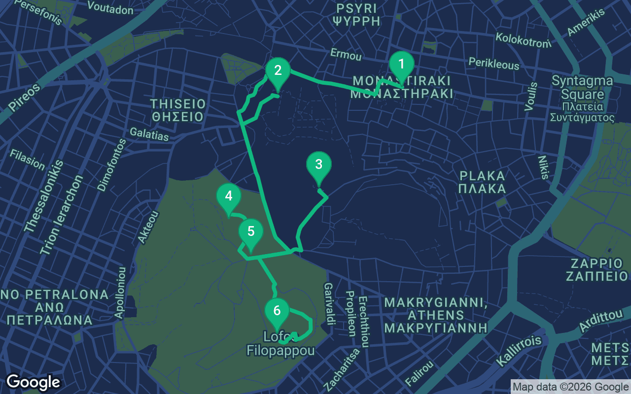 Map of the walking route through Athens, Greece
