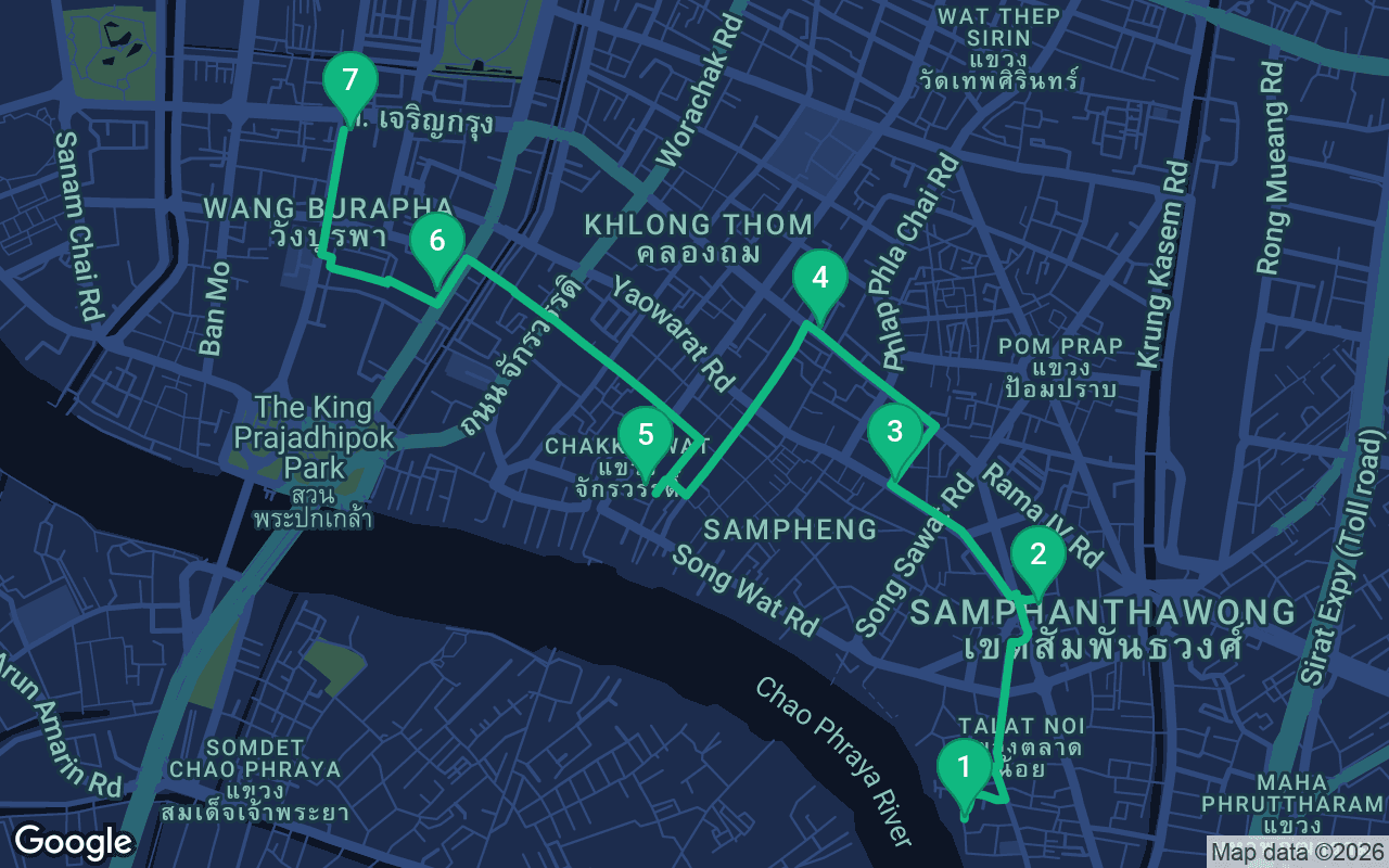 Map of the walking route through Bangkok, Thailand