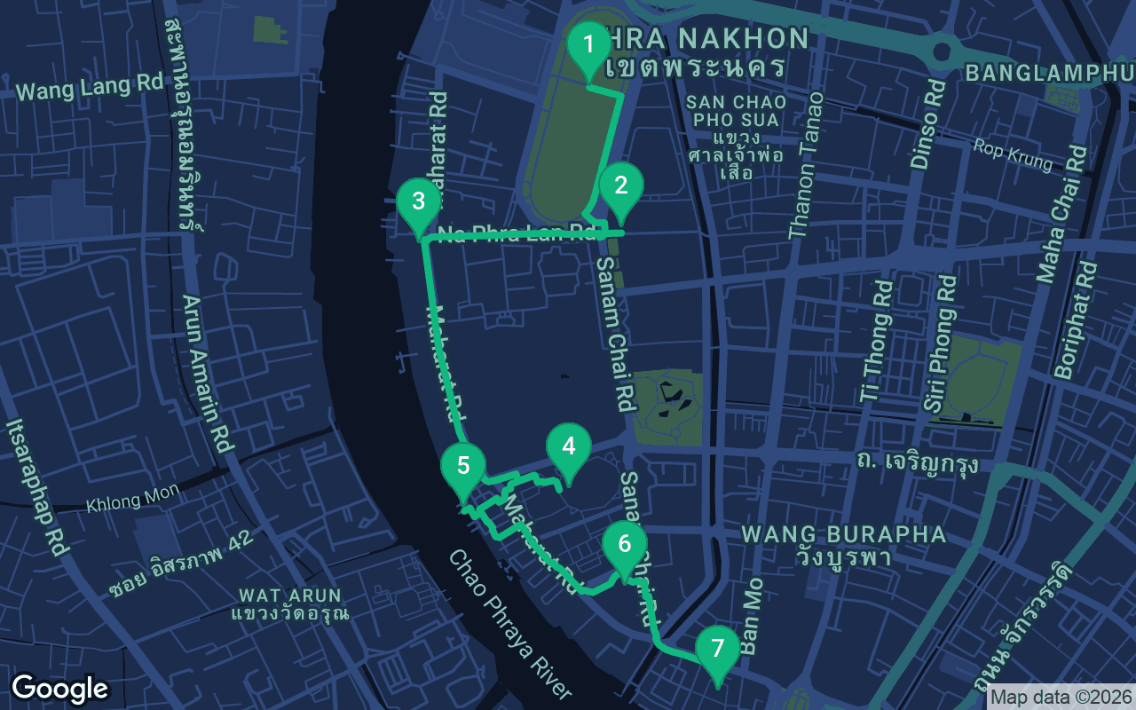 Map of the walking route through Bangkok, Thailand