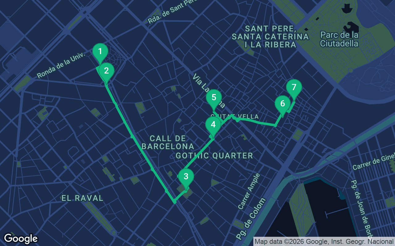 Map of the walking route through Barcelona, Spain