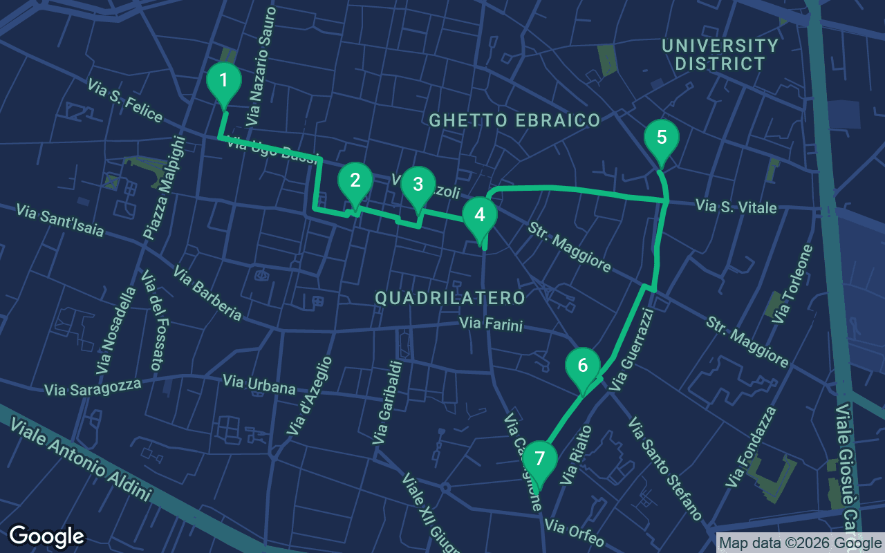 Map of the walking route through Bologna, Italy