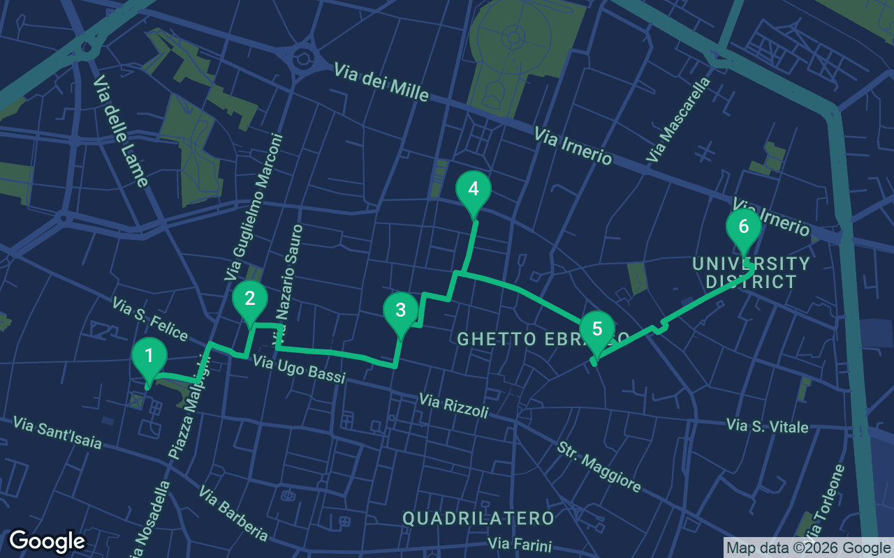Map of the walking route through Bologna, Italy