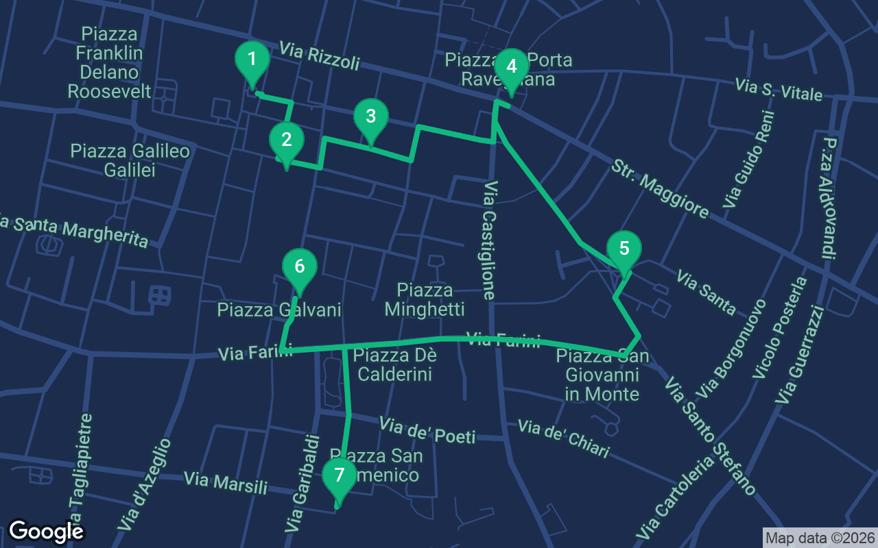 Map of the walking route through Bologna, Italy