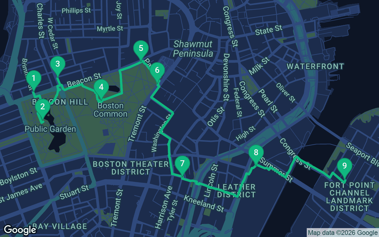 Map of the walking route through Boston, United States