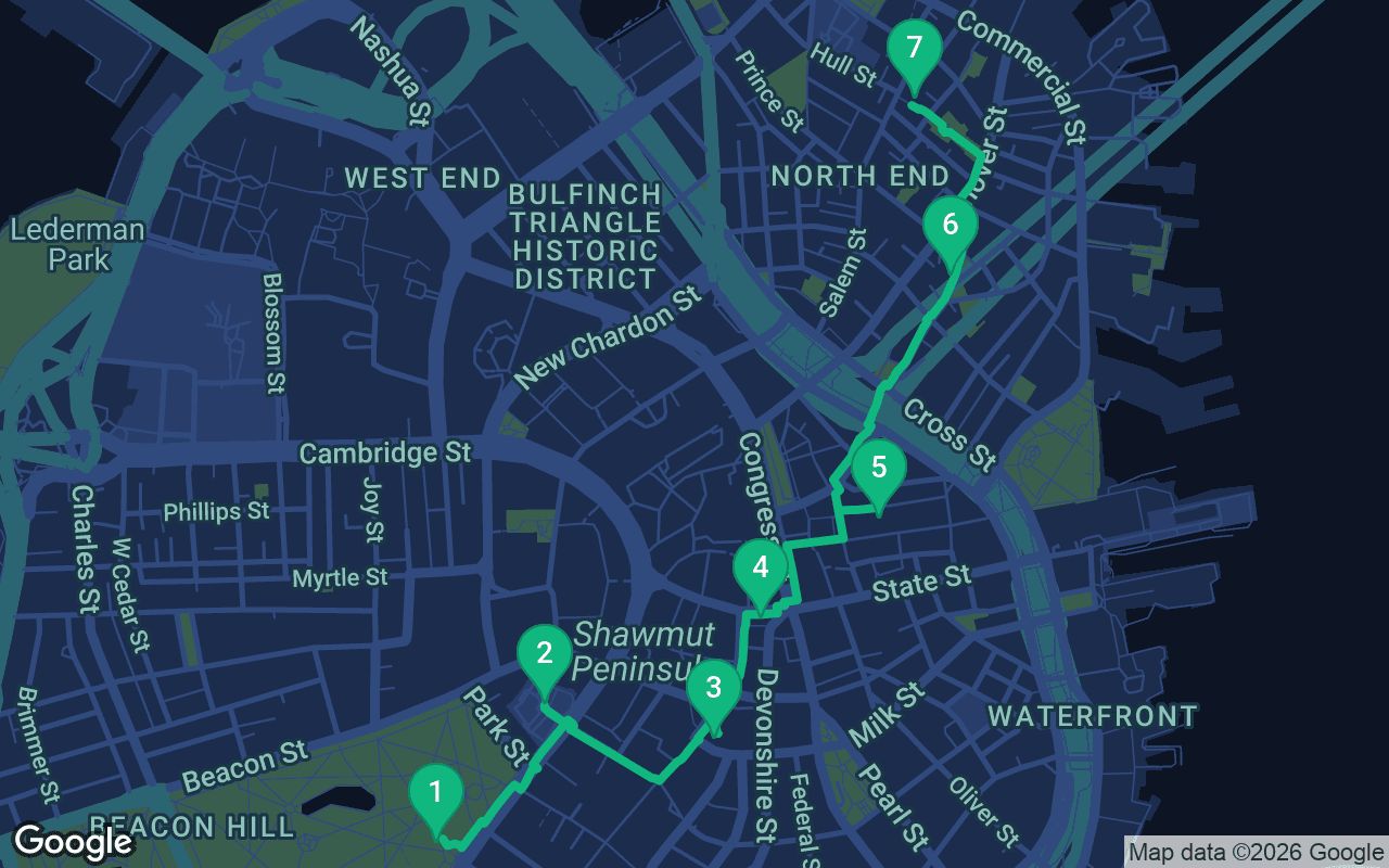 Map of the walking route through Boston, United States