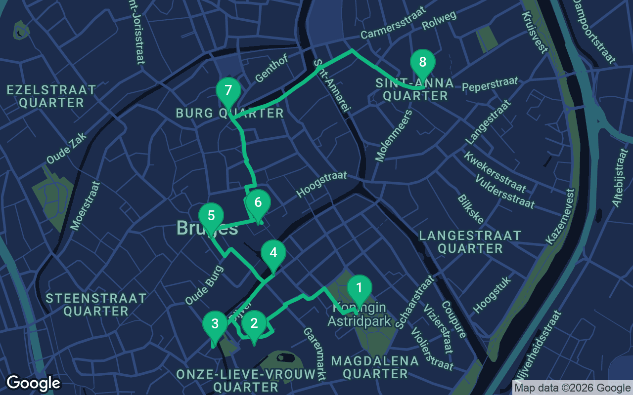 Map of the walking route through Bruges, Belgium