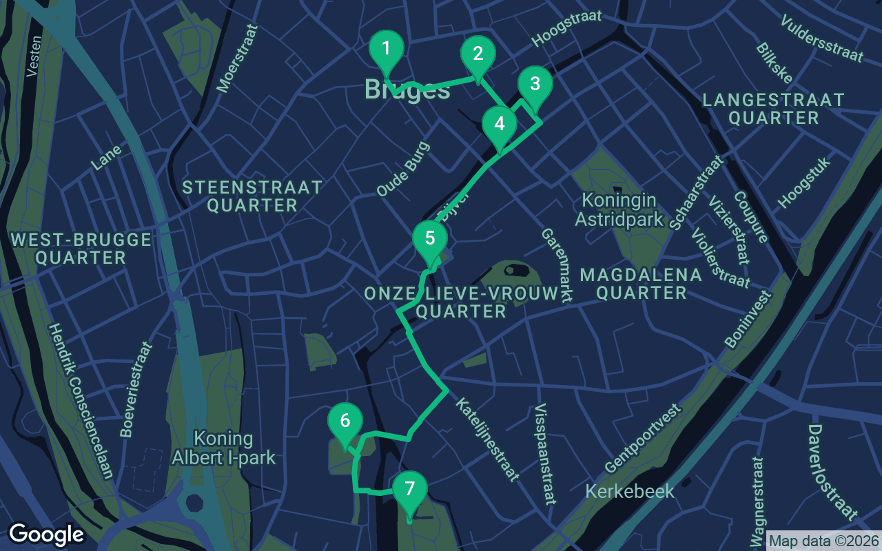 Map of the walking route through Bruges, Belgium