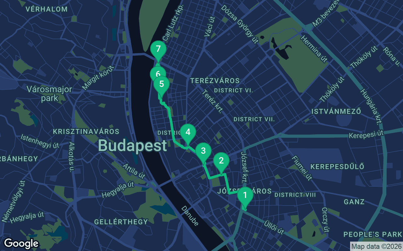 Map of the walking route through Budapest, Hungary
