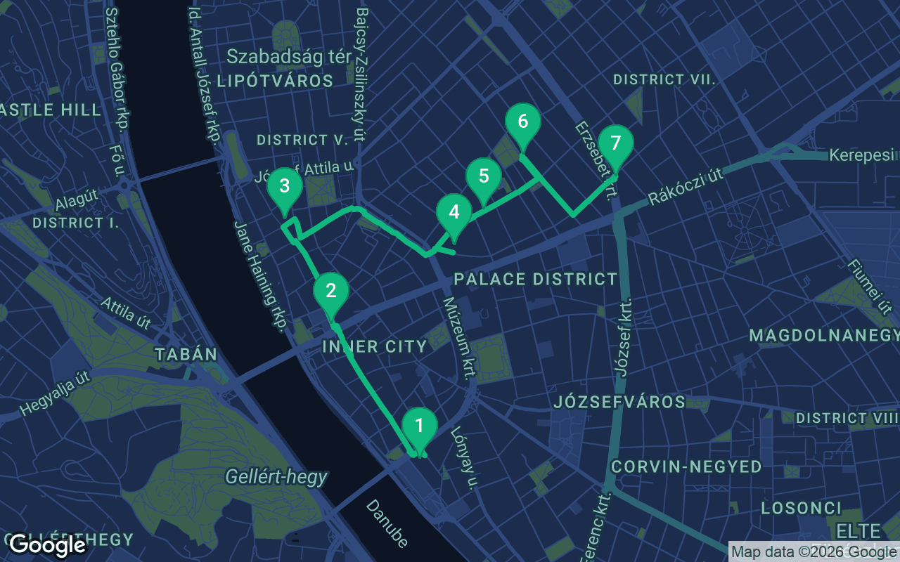 Map of the walking route through Budapest, Hungary