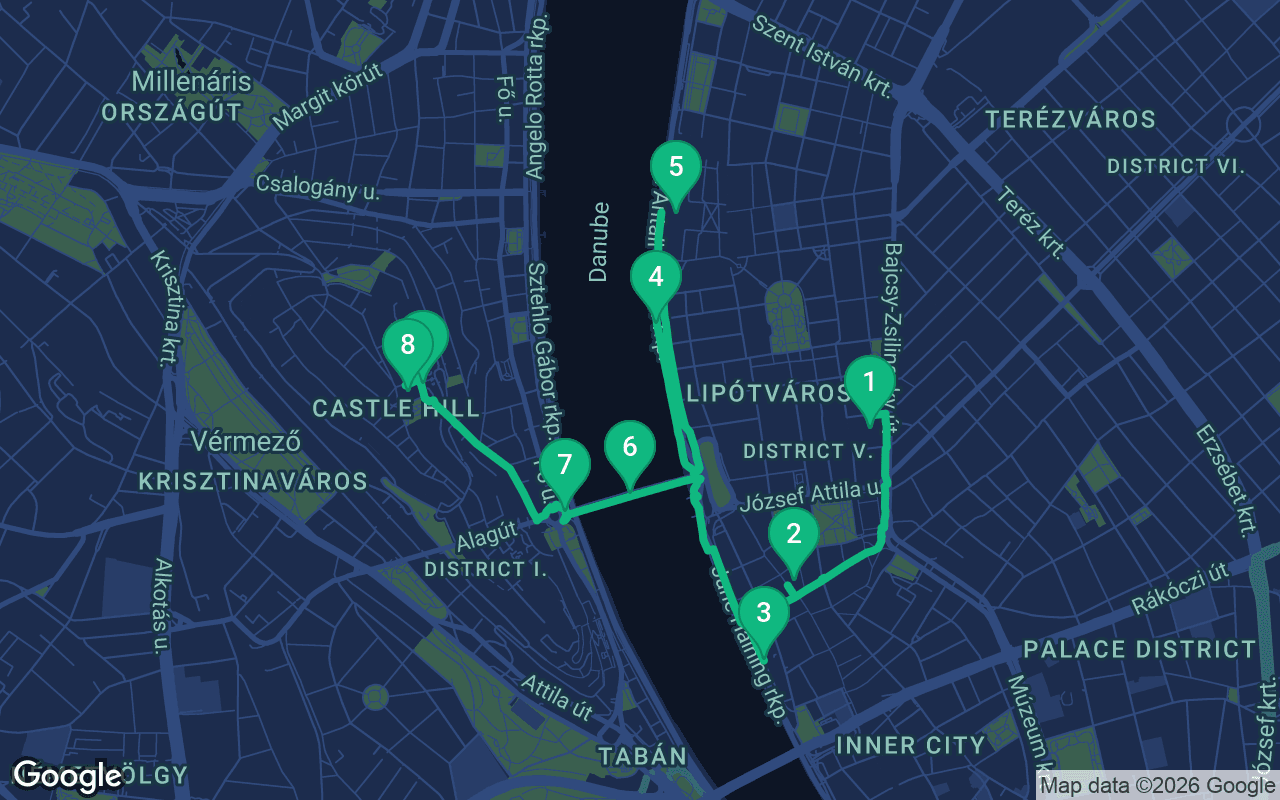 Map of the walking route through Budapest, Hungary