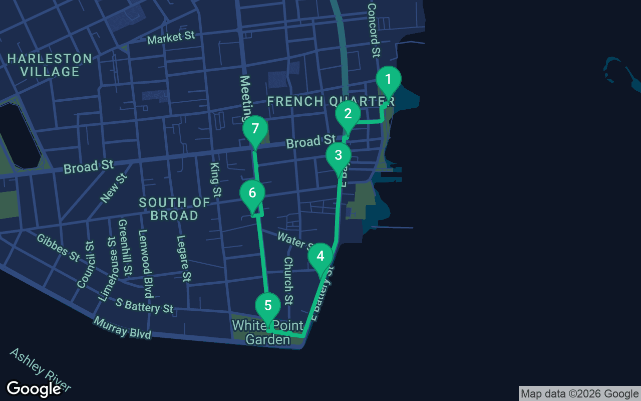 Map of the walking route through Charleston, United States