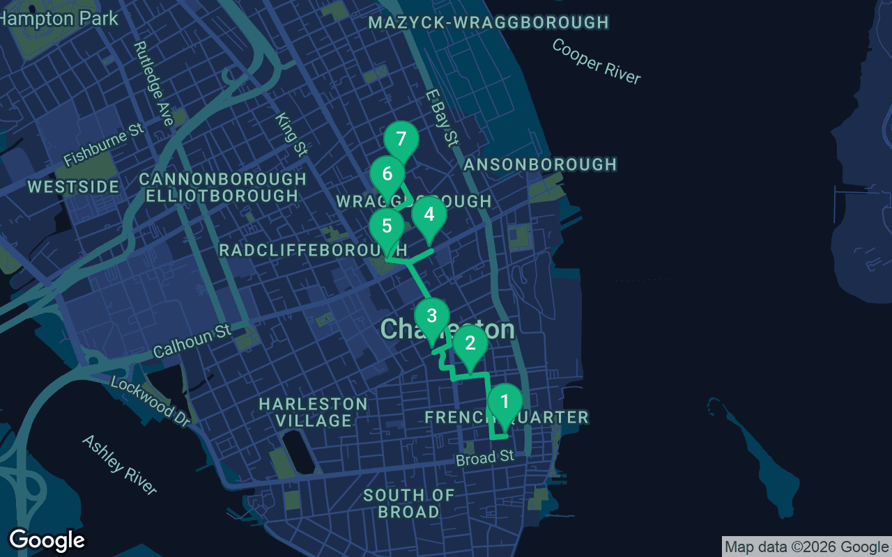 Map of the walking route through Charleston, United States
