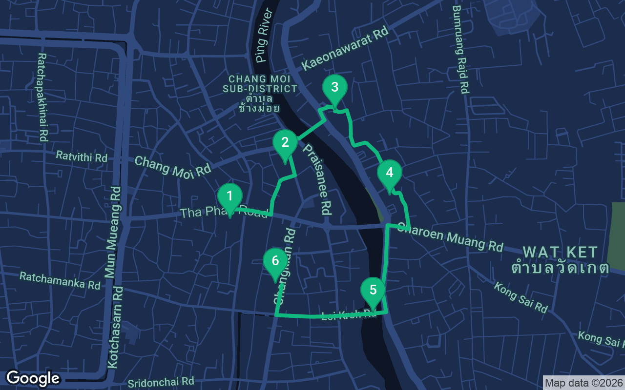 Map of the walking route through Chiang Mai, Thailand