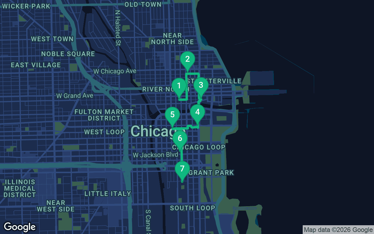 Map of the walking route through Chicago, United States