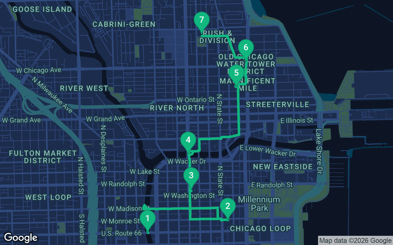 Map of the walking route through Chicago, United States