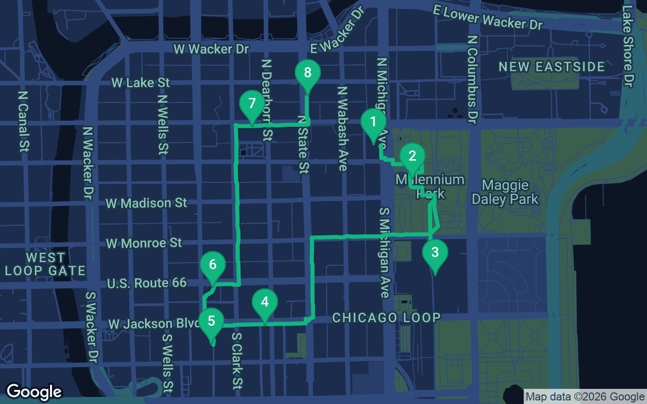 Map of the walking route through Chicago, United States