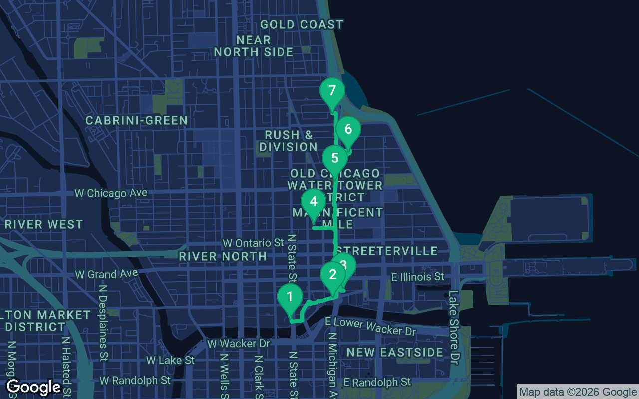 Map of the walking route through Chicago, United States