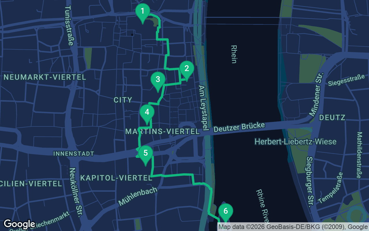 Map of the walking route through Cologne, Germany