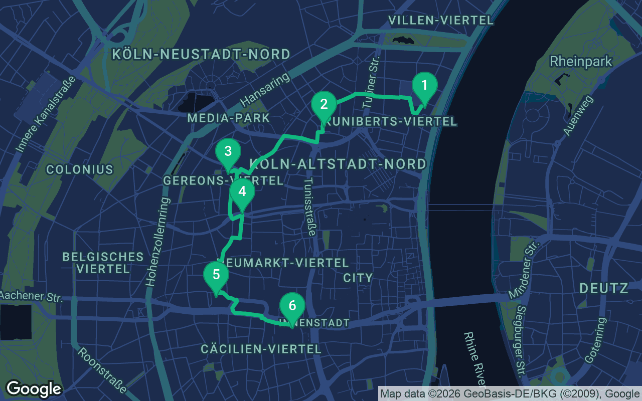 Map of the walking route through Cologne, Germany