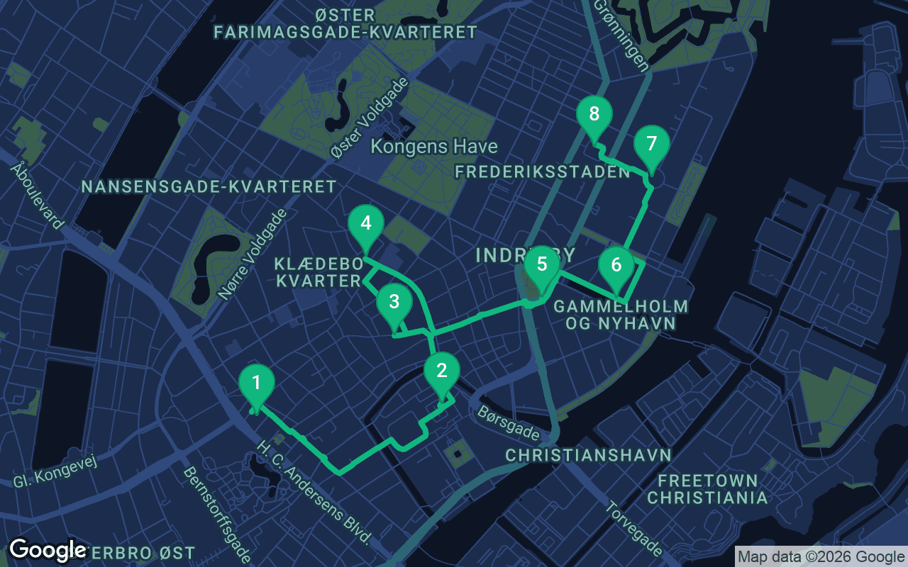 Map of the walking route through Copenhagen, Denmark